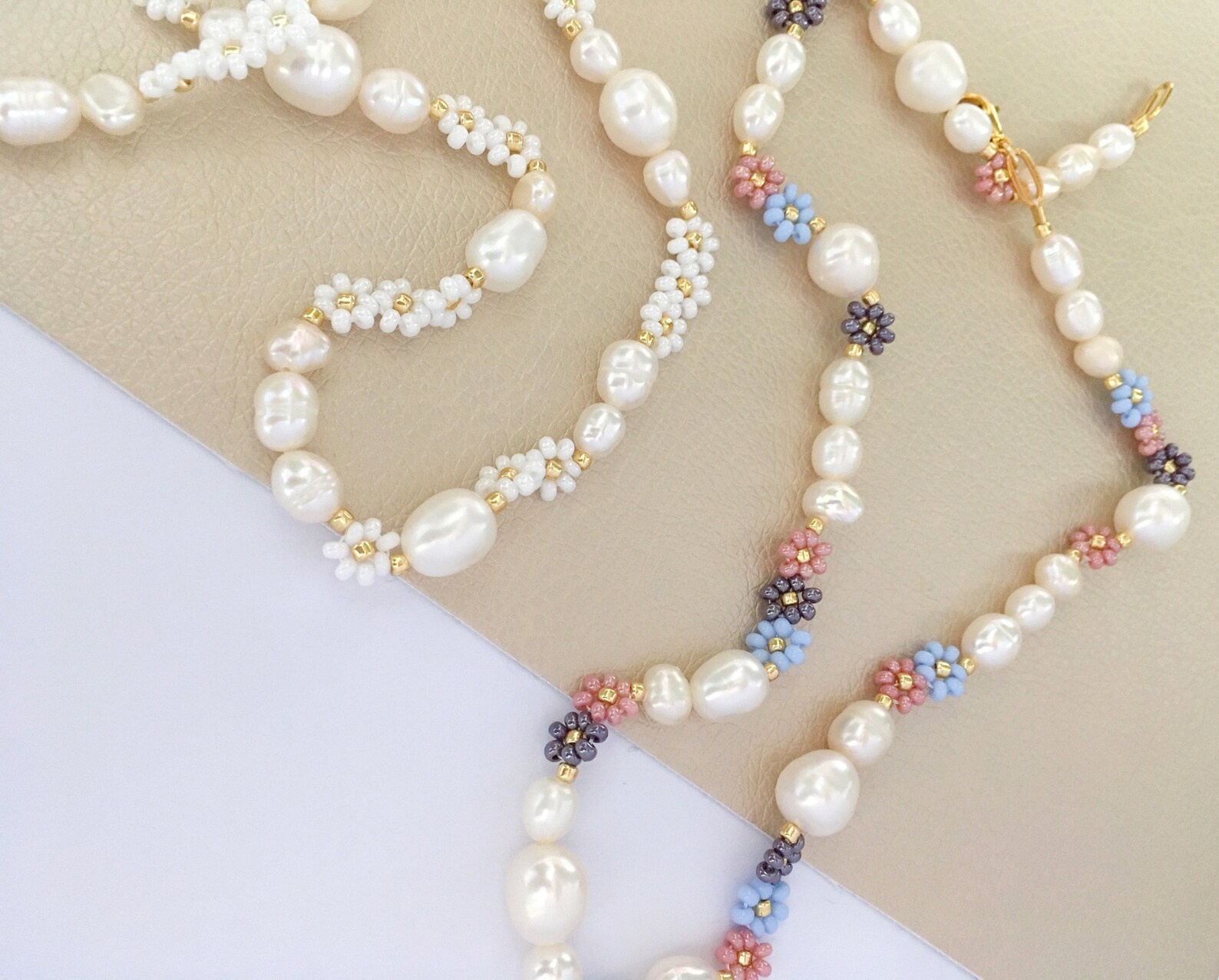 14k GOLD FILLED Sunflower Pearl Necklace/white Beaded Flower Etsy