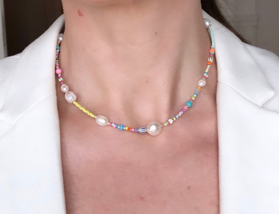 ★関税込★VINTAGE HOLLYWOOD★Rainbow Beads n Pearl Necklace Rainbow Glass Beaded Necklace With Pearls | Pearl Necklace