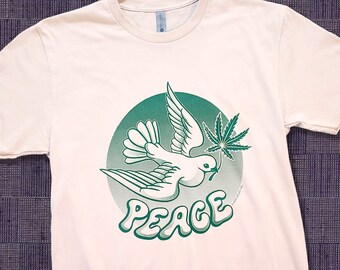 Dove of Peace Pot Leaf T-Shirt: Screen Printed Cotton Tee