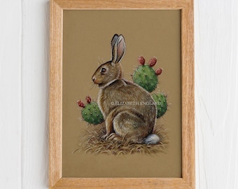 Cottontail and Cactus (Wild Rabbit with Prickly Pear) - 5x7" Original Art Print (Postcard Size)