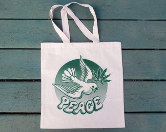 Dove of Peace Pot Leaf Tote Bag - Screen Printed Cotton Canvas