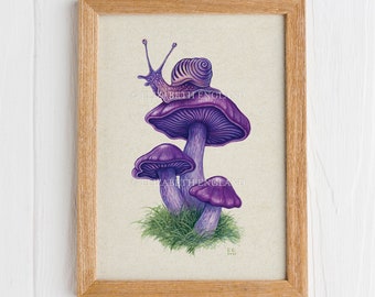 Snail and Purple Mushrooms - 8x10" Art Print