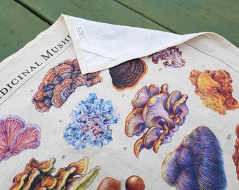 Medicinal Mushrooms Botanical Tea Towel - 100% Cotton - 19x28" - Home Decor, Fabric Wall Hanging, Small Tapestry