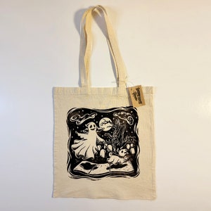 Soul Stroll -  Spooky Halloween Ghost Graveyard Dog Walk - Woodblock Hand-Printed 100% Cotton Canvas Tote