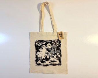 Soul Stroll -  Spooky Halloween Ghost Graveyard Dog Walk - Woodblock Hand-Printed 100% Cotton Canvas Tote