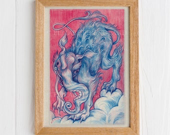 Baku the Dream Eater - Red and Blue - 5x7" Original Art Print (Postcard Size)