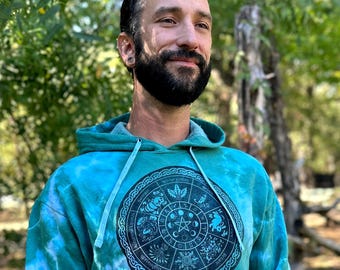Wheel of the Year - Woodblock Printed Tie-Dyed Hoodie - Celtic Pagan Holiday Calendar - Size Large