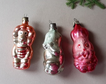Ensemble de 3 décorations de Noël en verre vintage, jouet rare, décoration de Noël rétro, décoration d'arbre de Noël soviétique, jouet en verre soviétique, ornement vintage de vacances