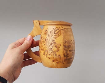 Beer mug with lid with handle 5.1" wooden vintage Decor burning Floral pattern Old drinkware Handmade beer cup Czechoslovakia Gift for dad