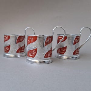 Tea glass holder vintage 3 psc Plants design Retro kitchen decor Tableware Gift vintage father Russian podstakannik Old metal home decor