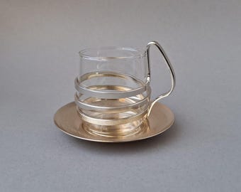 Vintage cup holder with glass Unique retro golden kitchen decor Stylish collectible Minimalism style Old metal glass holder Coffe Tea Gift