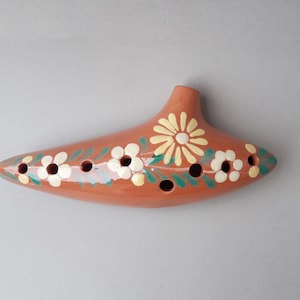 Vintage ocarina musical instrument Retro rare ceramic hand painted vessel flute Christmas musical gift idea Clay glazed pottery clay whistle