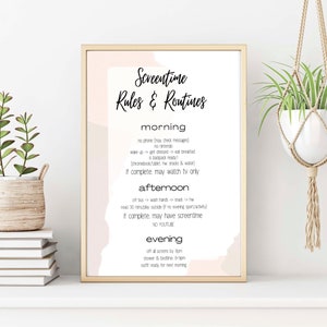 May include: A printable poster with a pink background and black text outlining screen time rules and routines for morning, afternoon, and evening. The text includes specific guidelines for screen time and other activities.