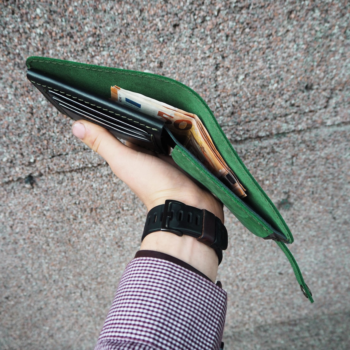 Green full grain Leather wallet Personalized mens wallet Etsy