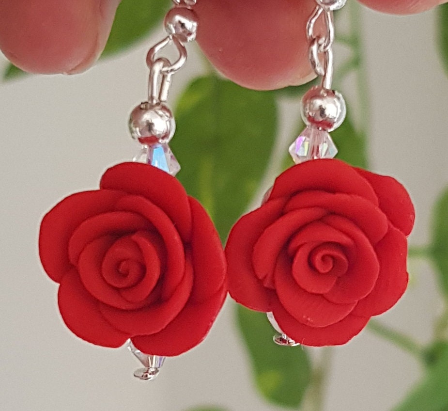Red Rose Earrings Rose Earrings Handmade Roses Dangle Etsy