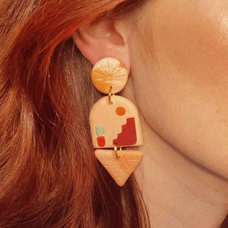 Nickel Free Terra Cotta Adobe Desert Terrace Plant Clay Statement Earrings Terrace
