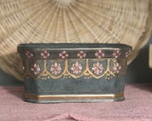 Vintage Ceramic Floral Planter Green and Pink Planter with Gold Ceramic Vase