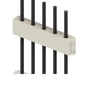May include: A light gray horizontal bar with five circular openings, each holding a thin, vertical black rod. The bar features a hinged joint on the right side, connecting to a partially visible lower section of the same structure.