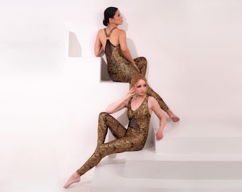 Racerback Dance  Unitard |Yoga, Gymnastics, Aerial Arts Bodysuit, Catsuit | Fishnet Mesh Inset