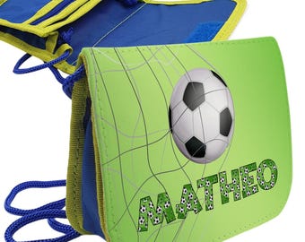 Brustbeutel mit Name in Fußballschrift Kindergeldbeutel blau-gelbgrün zum Umhängen mit Sichtfach