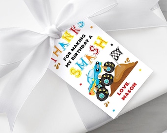 Monster Truck Thank You Tags Smash and Crash Birthday Gift Tags Boy's Truck Birthday Party Favor Tags Editable Instant Download MT1