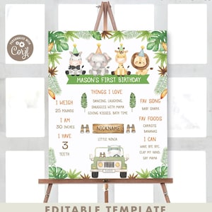 Wild One Birthday Milestone Safari Animals Primer cumpleaños Pizarra signo Jungle 1er cumpleaños plantilla de cartel Editable Descarga instantánea WO1