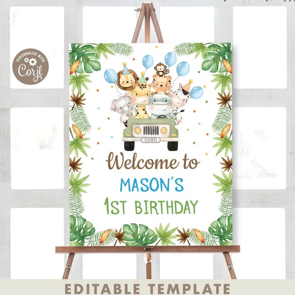 Safari Animals Birthday Welcome Sign Boy Jungle animals Birthday sign Zoo Safari Welcome Sign Wild One Theme Editable Instant Download WO1