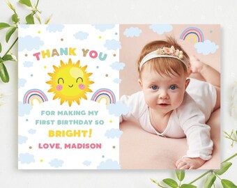 Sunshine Birthday Thank You Card with Photo Our Little Sunshine Birthday Thank You Note Summer Girls First Birthday Instant Download LS1