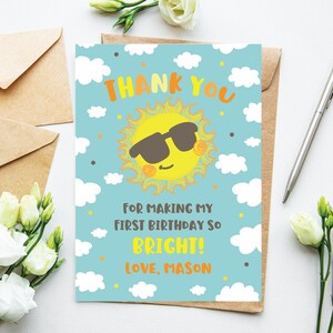 Sunshine verjaardag dank u kaart zomer jongens eerste verjaardag dank u opmerking onze kleine Sunshine verjaardag geel en blauw Instant Download LS2