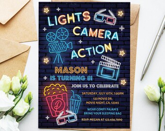 Movie Night Birthday Invitation Backyard Movie Night Party Invitation Slumber Party Movie Under The Stars Editable Instant Download MN1