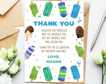 Popsicle Thank You Card Boy Popsicle Birthday Party Thank You Note Summer Ice Cream Party Swim Birthday Party Editable Instant Download PO1