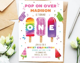 Popsicle Birthday Invitation Girl Popsicle 1st Birthday Party Invitation Summer Party Invitation Swim Party Editable Instant Download PO1