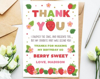 Strawberry Thank You Card Strawberry Party Fruit Thank You Note Girl's Birthday Berry Sweet Thank You Card Editable Instant Download SR1