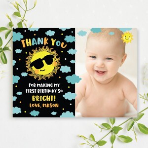 Sunshine verjaardag bedankkaart met foto zomer jongens eerste verjaardag Little Sunshine verjaardag bedankje bewerkbare Instant Download LS2