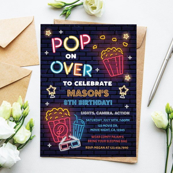 Movie Night Birthday Invitation Backyard Movie Night Party Invitation Slumber Party Movie Under The Stars Editable Instant Download MN1