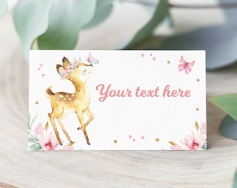 Editable Deer Food Labels Floral Deer Birthday Party Place Card Pink Gold Woodland Forest Animals Food Tent Baby Shower Instant Download WD1