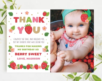 Strawberry Thank You Card with Photo Girl's Birthday Berry Sweet Thank You Card Strawberry Party Fruit Thank You Note Instant Download SR1