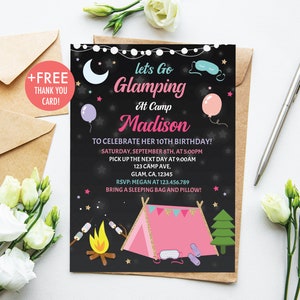 Glamping verjaardagsuitnodiging Laten we gaan Glamping verjaardagsfeestje uitnodiging onder de sterren Girly Glamping partij bewerkbare Instant Download GL1