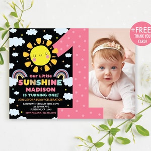 Editable Sunshine Birthday Invitation with Photo Girl's Summer First Birthday Our Little Sunshine Birthday Invitation Instant Download LS1 image 1