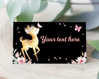 Editable Deer Food Labels Floral Deer Birthday Party Place Card Pink Gold Woodland Forest Animals Food Tent Baby Shower Instant Download WD1