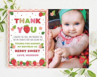 Strawberry Thank You Card with Photo Strawberry Party Fruit Thank You Note Girl's Birthday Berry Sweet Thank You Card Instant Download SR1