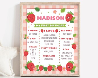 Strawberry Birthday Milestone Sign Strawberry 1st Birthday Chalkboard Poster Girls Strawberry Stats Poster Instant Download SR1