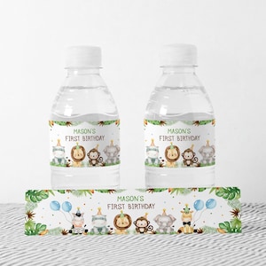 Étiquettes de bouteille d'eau animaux Safari modifiables Wild One Birthday Decor Safari Zoo Animals Birthday Bottle Label imprimable Téléchargement instantané TB1