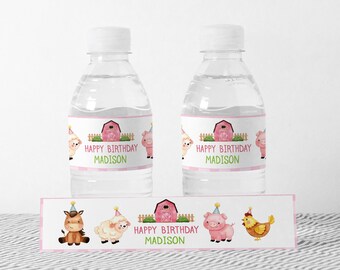 EDITABLE Farm Water Bottle Label Printable Girl's Barnyard Birthday Water Bottle Label Farm Party Decorations Instant Download F2