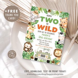 Two Wild Birthday Invitation Safari Animals Birthday Invite Jungle Animals Birthday Invitation 2nd Birthday Editable Instant Download WO1 image 1