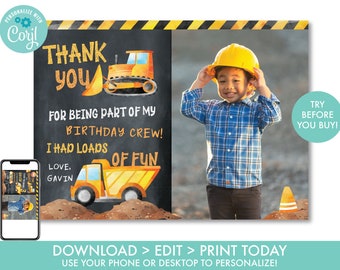 EDITABLE Construction Thank You Card Dump Truck Thank You Card Truck Birthday Construction Party Decorations Printable Instant Download, DT1