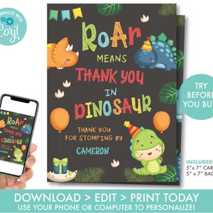 Dinosaurier Dankeskarte Dinosaurier Dankeskarte Dino 1. Geburtstag Dankeskarte Dinosaurier Party, bearbeitbar Sofort Download, D1