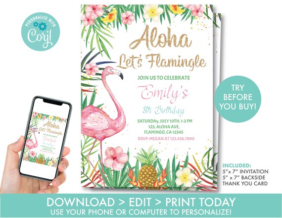 Flamingo Birthday Invitation, Let's Flamingle Birthday Invitation, Aloha Tropical Flamingo Invitation, Editable Instant Download, T1 Il_570xn