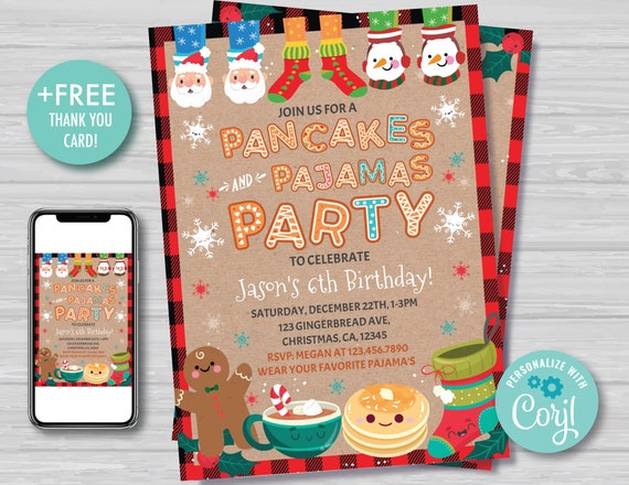 Christmas Pancakes and Pajamas Birthday Invitation Boy's Christmas Birthday Invitation Holiday Invitation Brown and Red Instant Download PJ1 Il_570xn