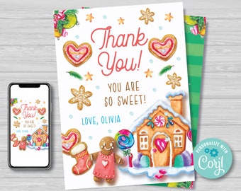 Gingerbread Thank You Card Gingerbread House Decorating Party Thank You Card Christmas Birthday Thank You Note Instant Download, CM1